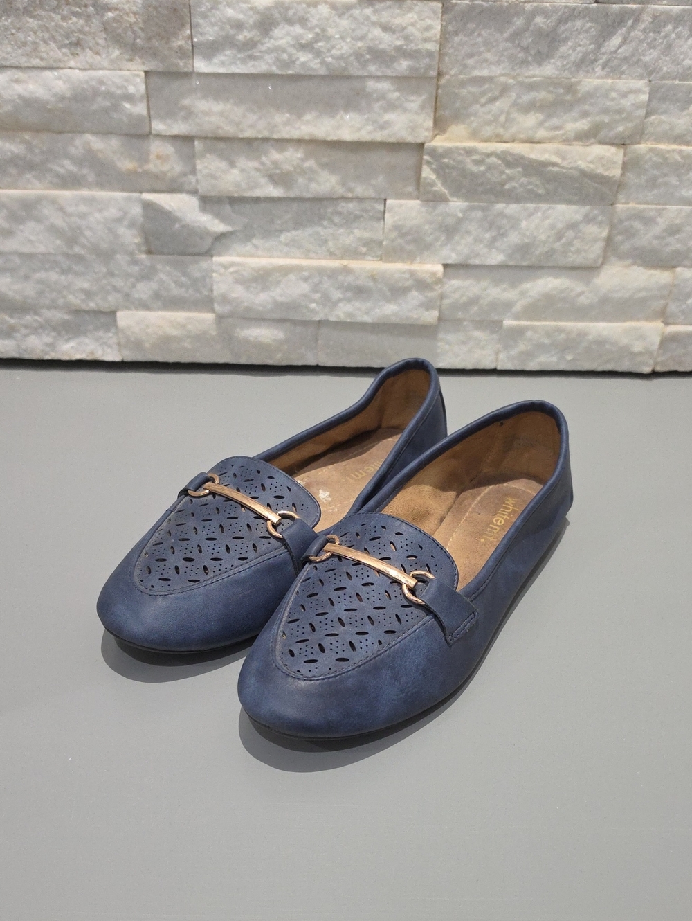 Women’s Navy Laser-Cut Loafers with Gold Accent Hardware